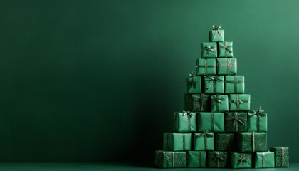 A triangular arrangement of numerous emerald green presents with silver ribbon sits on a dark green surface against a matching wall.