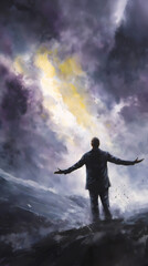 Obraz premium A man in a suit with arms outstretched looks up at a dramatic sky. A powerful illustration of faith, hope, and overcoming adversity