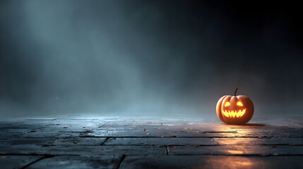 Lonely glowing Halloween pumpkin jack o lantern in dark foggy night
