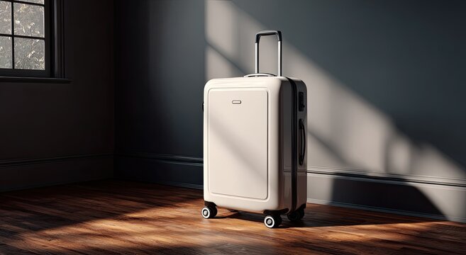Cream-colored suitcase in room, sunlight