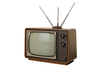 Vintage retro style television from the 70s with wooden frame and antenna on white background image