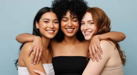 Obraz premium Three Smiling Women of Diverse Backgrounds Hugging Each Other