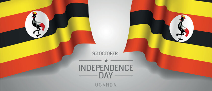 Uganda happy independence day greeting card, banner with template text vector illustration. Ugandan memorial holiday 9th of October design element with 3D flag with bird