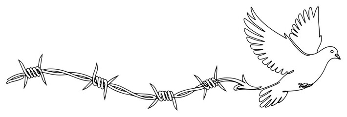 Dove Flying Over Barbed Wire Line Art