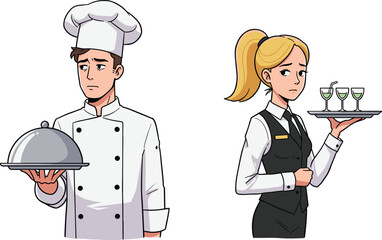 Professional chef and waitress in restaurant uniform holding serving tray and drinks, hospitality staff teamwork, food service industry concept illustration