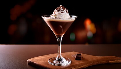 A Rich Chocolate Dessert Cocktail Topped With Whipped Cream And Drizzled With Chocolate Sauce Elegantly Presented In A Martini Glass