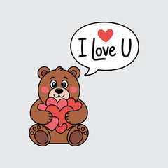 Cute cartoon teddy bear holding hearts with I love U speech bubble valentine