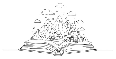 One Line Open Book With Fantasy Landscape Vector Illustration