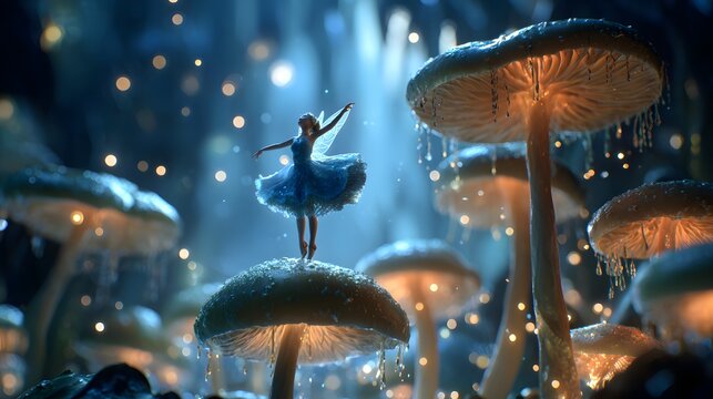 Fantasy night scene of blue glowing mushrooms with fairies dancing