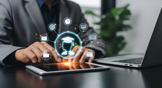 Person using digital tablet with holographic graduation cap and education icons overlay