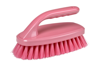 Pink handheld brush for cleaning surfaces and scrubbing dirt in home settings and tough spots
