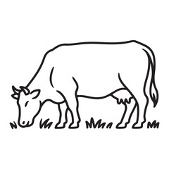 Farm cow eating grass outline isolated on white background