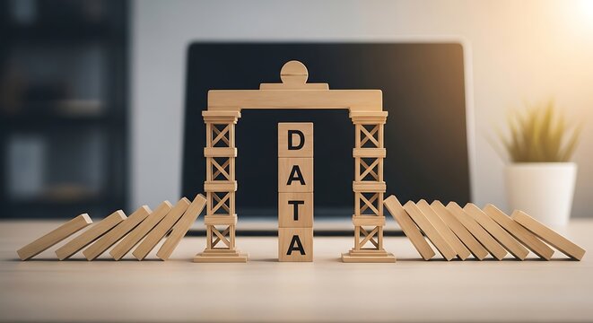 Data security concept with domino effect and wooden archway design