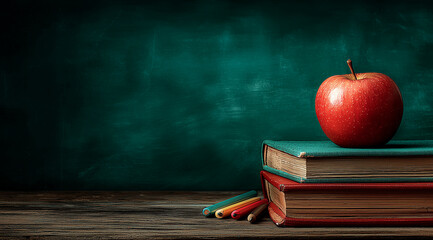 Apple on stack of books with chalkboard background