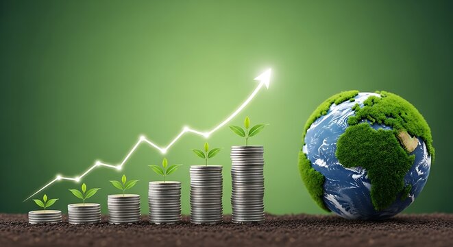 Eco-friendly investments growing with green earth and financial gains