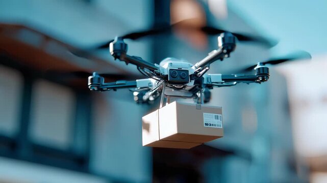 A delivery drone carrying a package above a neighborhood, demonstrating modern logistics and drone technology