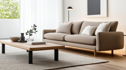 Fototapeta premium Stylish Modern Living Room with Cozy Sofa and Minimalist Decor