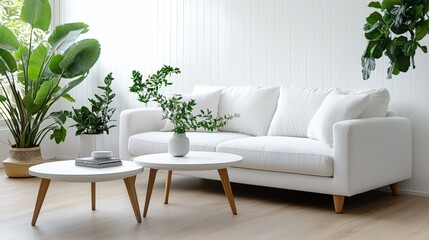 Modern Living Room with White Sofa and Green Houseplants