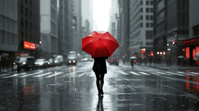 Solitary Figure Under a Red Umbrella in a Rainy Cityscape