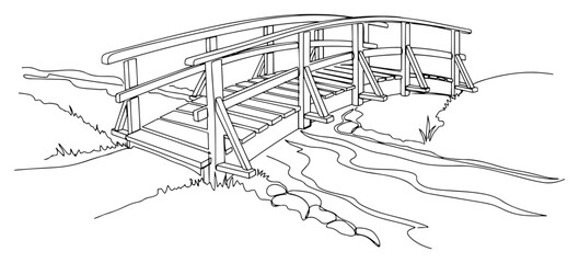 Continuous Line Drawing of a Rustic Wooden Bridge in Nature