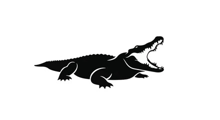 Fototapeta premium Alligator silhouette with an open jaw represents wildlife power and danger isolated on a white background for use in educational resources, brand logos, mascot design, or print media.