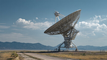 Large radio telescope in a desert landscape under a partly cloudy sky mountains in the background a dirt road leads to the structure