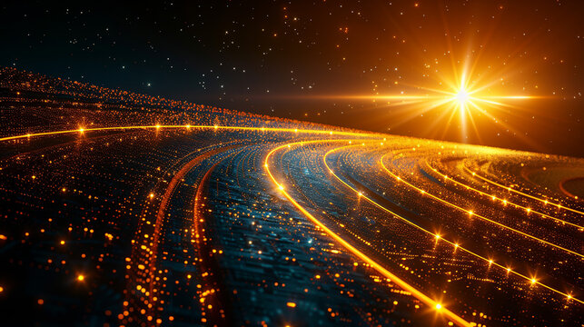 Glowing particle rings orbit star in nebula space background, data viz