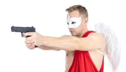 Man in angel costume with gun