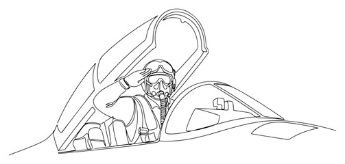 Fighter Jet Pilot in a Cockpit Saluting in a Continuous One Line Drawing © Katarzyna