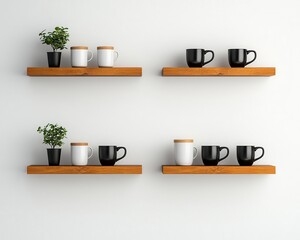 Obraz premium Farmhouse kitchen corner with coffee station, hanging mugs, and wood shelves