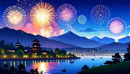Fototapeta premium Fireworks over a Japanese landscape