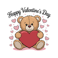 Teddy bear holding a large red heart surrounded by pink hearts for Valentine's Day love