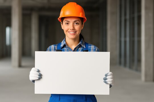 Woman construction worker holding blank sign smiling