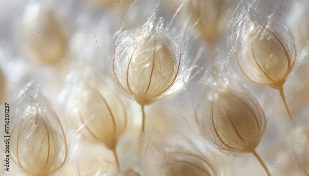 Poster the image shows numerous translucent white seed heads with fine hairs, illuminated by soft light, cr