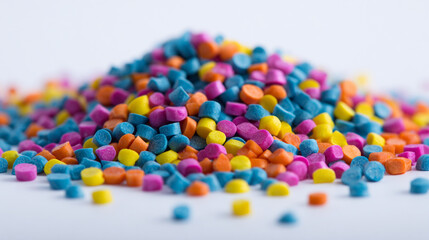 Colorful small plastic pellets piled high on white background