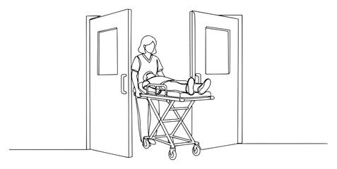 Paramedic Moving Patient on Stretcher Line Art