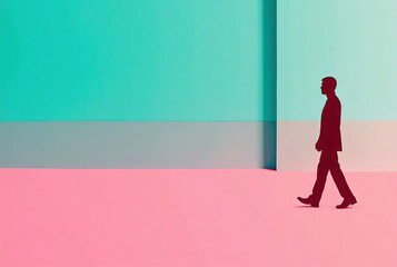 Obraz premium Minimalist Silhouette of Businessman Walking Against Colorful Geometric Background