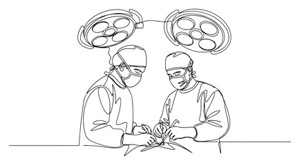 surgeons performing operation vector illustration medical team one line outline design