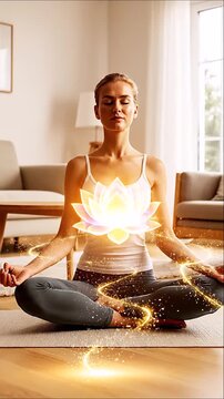 Woman meditates at home in lotus pose, glowing flower radiates from solar plexus, symbol of inner harmony, yoga, spiritual growth and relaxation.