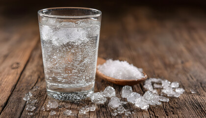 Glass of oral rehydration solution with ice on a wooden table. The clear liquid contains sugar and salts like sodium and potassium, crucial for treating dehydration from diarrhea or vomiting
