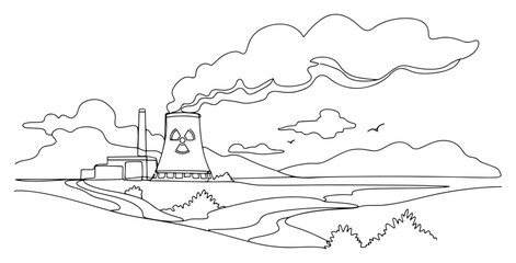 Obraz premium Nuclear Power Plant Landscape Line Art