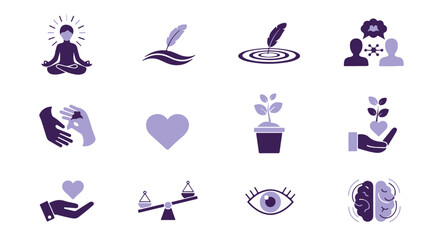 Mindfulness and mental health icon set for self-care and personal growth. Vector illustrations of meditation, empathy, and emotional balance.