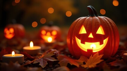 Spooky Halloween jack o lantern glowing among autumn leaves and candles. Seasonal background combining fall foliage and halloween atmosphere, ideal for holiday designs.