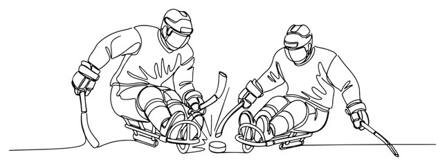 One Line Para Ice Hockey Players Vector Illustration