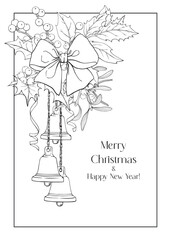 Line art Christmas Vintage composition with hang bells, bow, holly, berries, mistletoe. Elegante Hand drawn Vector illustration. Background for design greeting card, holiday decor, poster. Black white