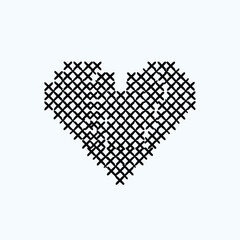 Black cross stitch pattern forming a pixelated heart shape on a light blue background with artistic handmade style