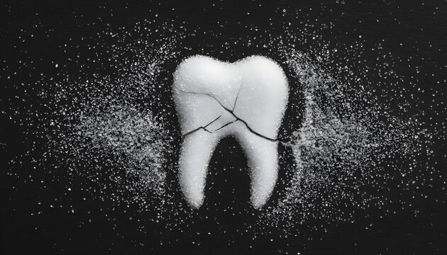 Black background with broken sugar tooth — highlighting harmful effects of sugar on enamel