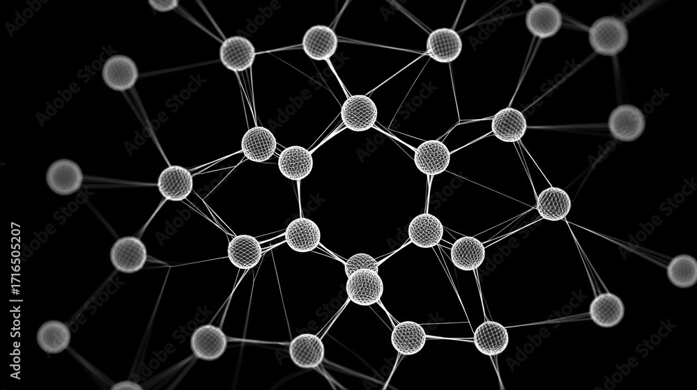 Poster interconnected spheres forming a complex network on a black background a digital illustration of mol