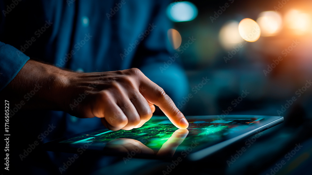 Poster data center technicians under bold green light use a tablet to deploy ai management tools hyper real