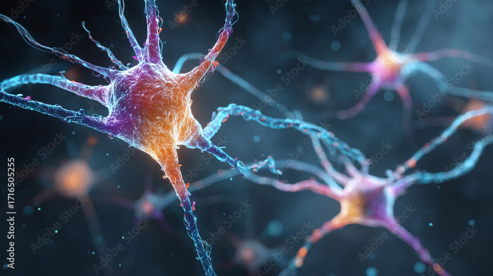 Poster microscopic view of neurons nerve cells communicating intricate network